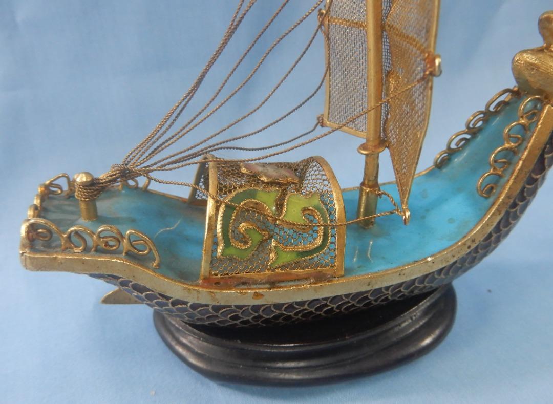 Antique rare Chinese cloisonne sailboatdragon head filigree sail circa ...