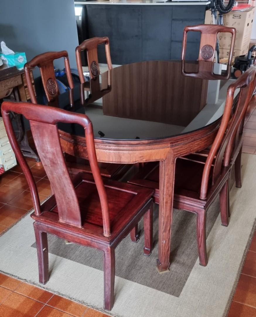 Antique rose wood dining table and 6 chairs, Furniture & Home Living