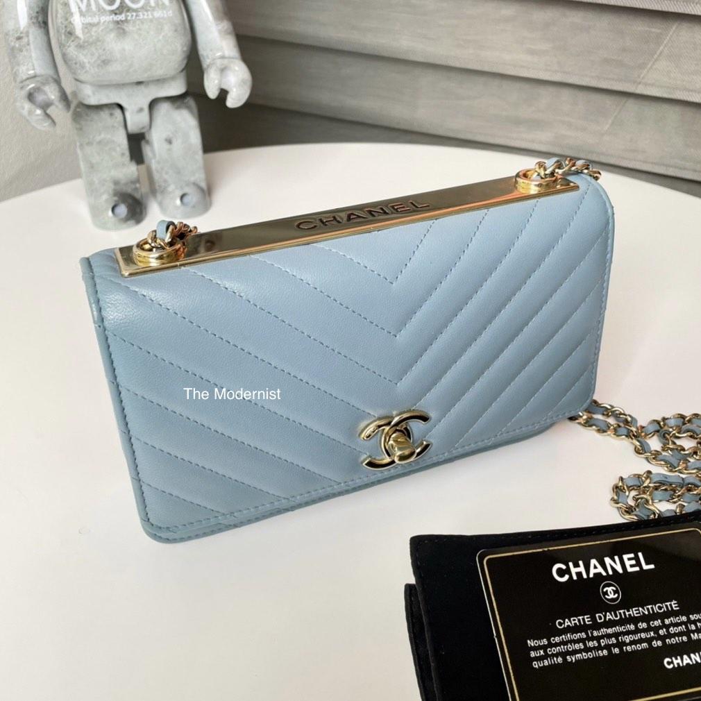 Authentic Chanel Trendy CC Chevron Light Blue Lambskin Wallet On