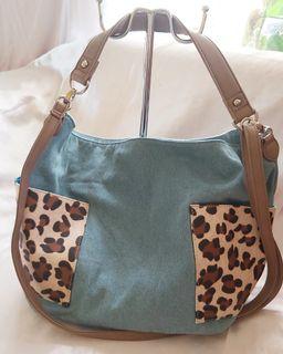 BIG DENIM 2 WAY SLING SHOULDER BAG WITH LEOPARD PRINT