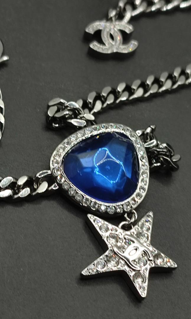 CHANEL Crystal Star CC Choker Drop Necklace Silver Blue