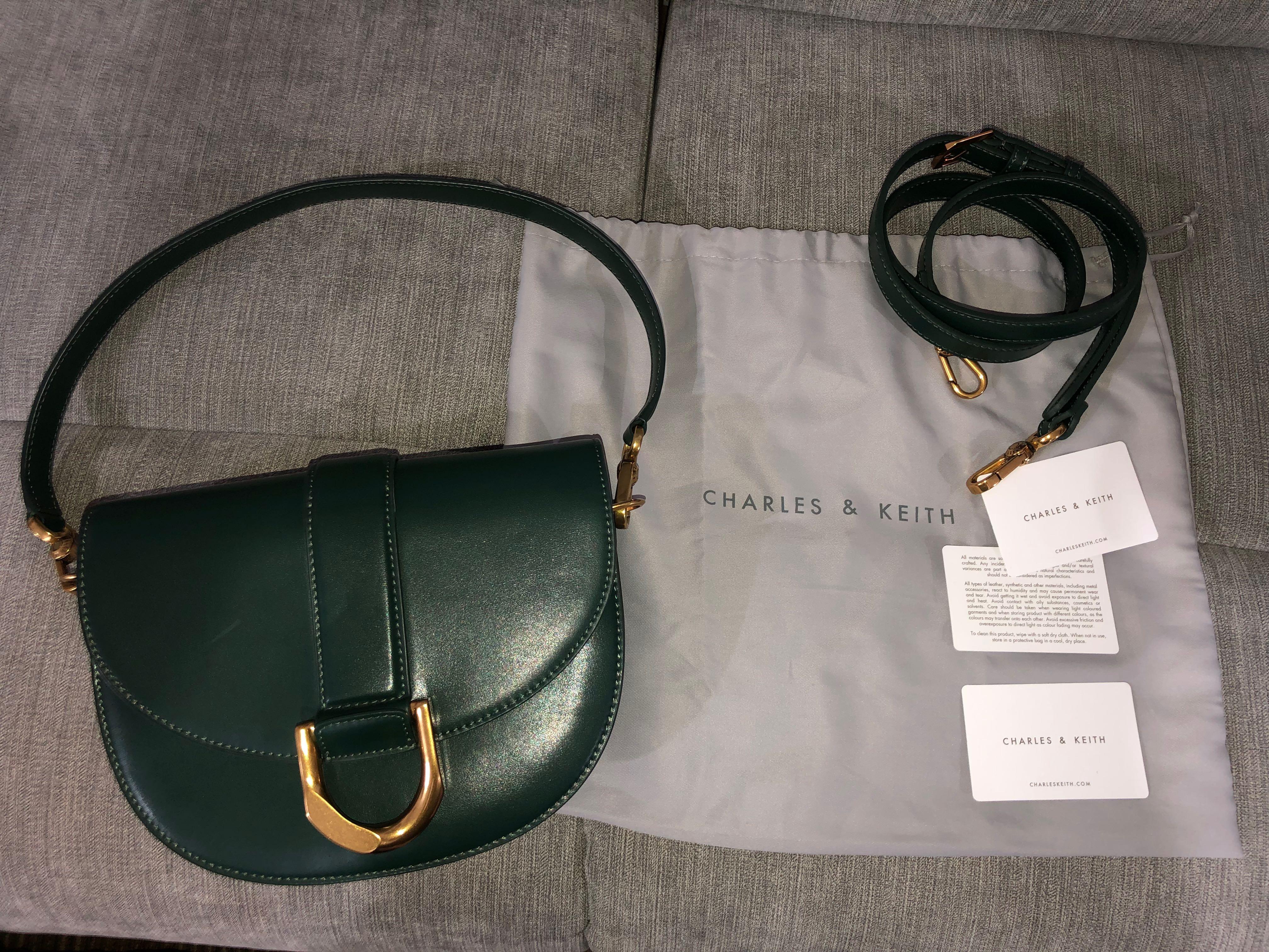 Charles & Keith Gabine Saddle Bag (Dark Green) Medium, Women's Fashion