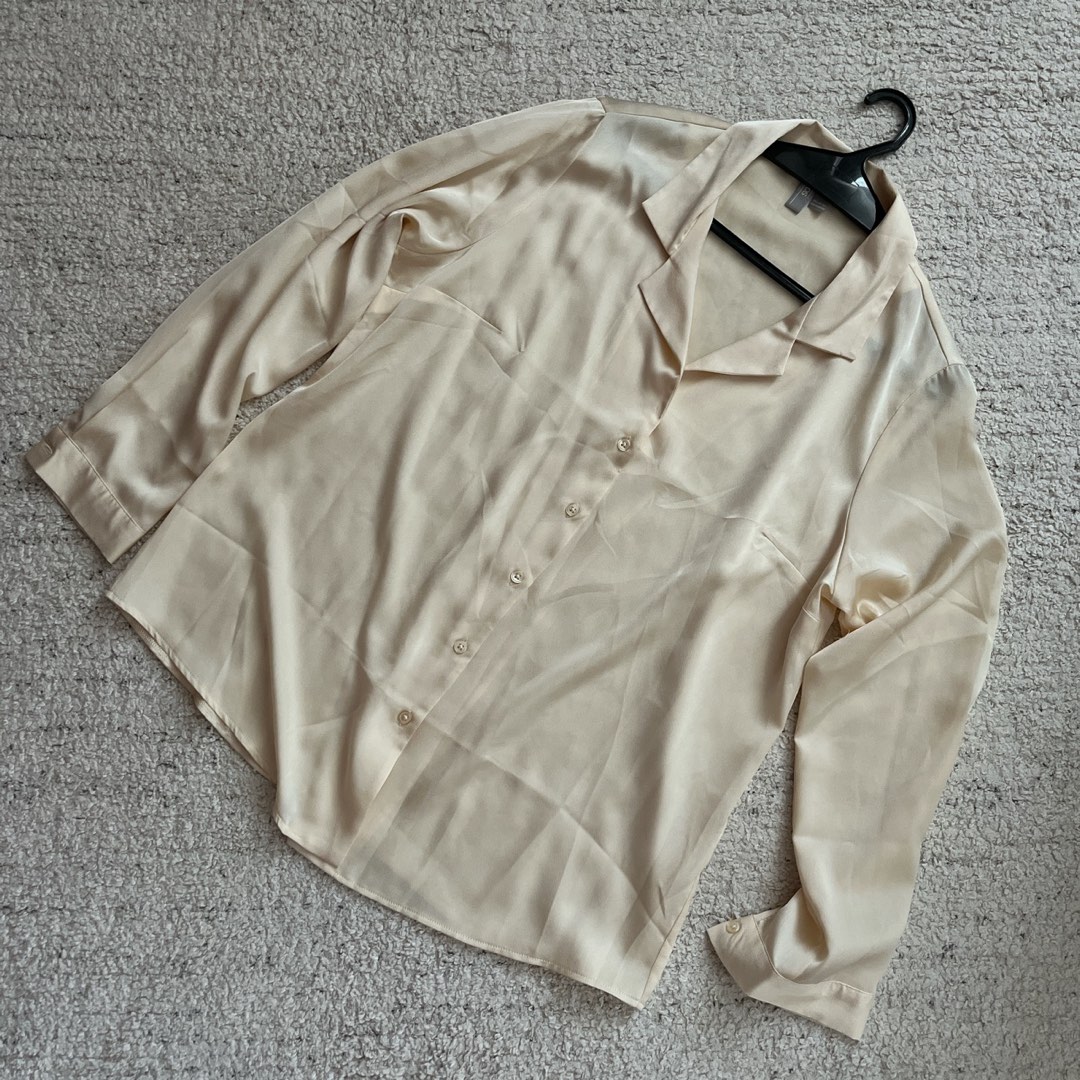 Cream satin shirt, Women's Fashion, Tops, Shirts on Carousell