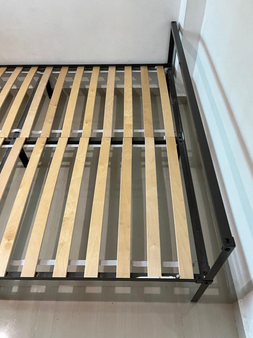 Ikea queen sized metal bed frame & slatted bed base, Furniture & Home