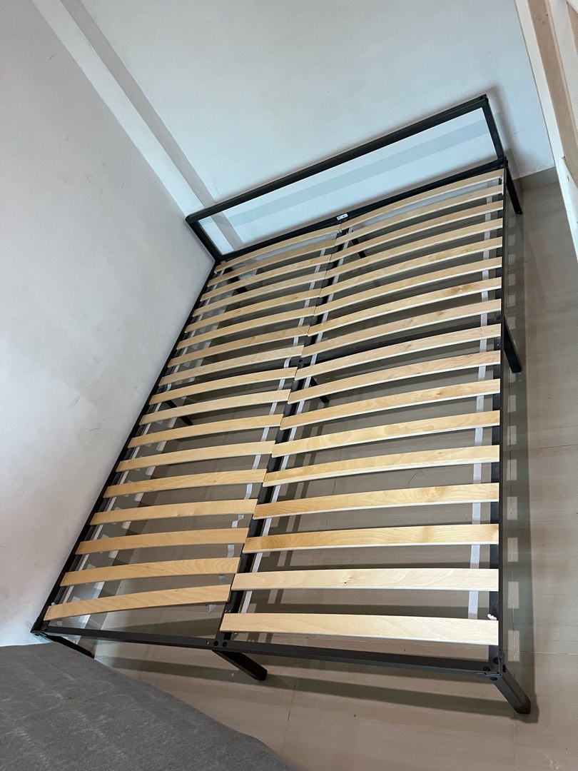 Ikea queen sized metal bed frame & slatted bed base, Furniture & Home