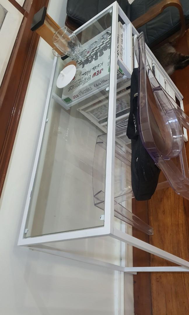 Ikea white desk glass top computer writing study table, Furniture