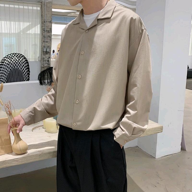 Korean Men s Casual Long Sleeved Shirt Oversize Apricot