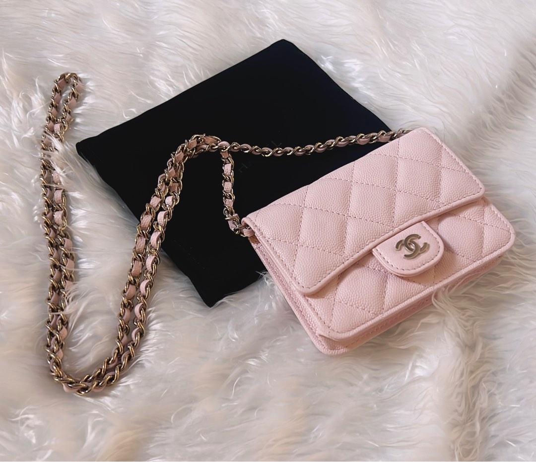New Chanel pastel Pink caviar with light gold hardware LGHW mini classic  flap bag/Wallet on chain crossbody, Luxury, Bags & Wallets on Carousell