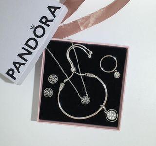 Pandora family tree set of Bracelet, Earrings, necklace and ring in silver