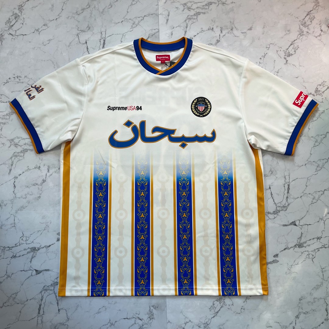 Supreme Arabic Logo Soccer Jersey size L. BNWT, Men's Fashion, Activewear  on Carousell