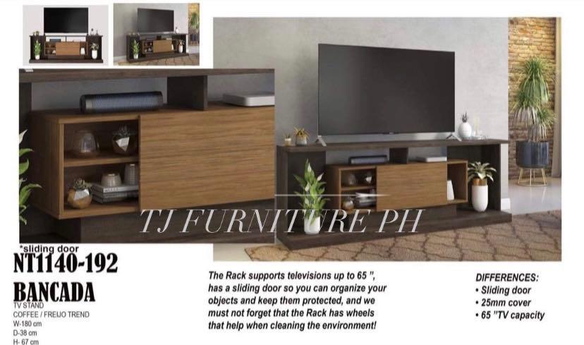 Tv Rack up to 65" inches (Category: TV Consoles) located in Quezon City. Submitted by tjfurnitureph (Listing ID 1083841183, Image 1). Description: Tv rack Model: NT1140- 192 Bancada Dimension: L 70" x D 14.9" x H 26.3" inches Material: Solid MDF laminated board Color: Coffee Brandnew Additional delivery charge‼️ Depending on the Location 📍 We Accept Cash on delivery 🚚 Or Payment via Gcash Or BPI 💸 Pm us for more inquiries. .