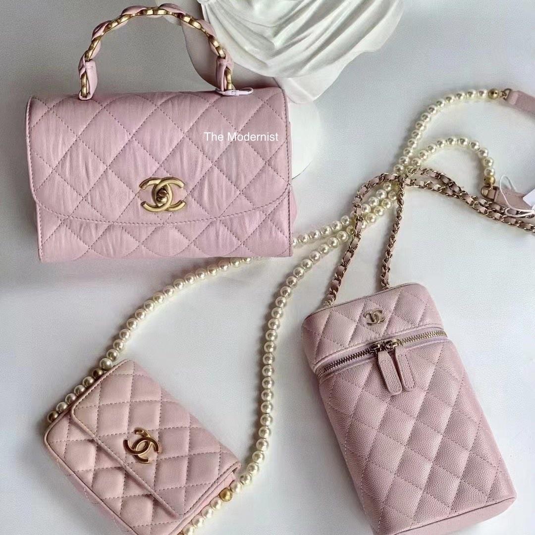 Authentic Chanel Pink Crumpled Lambskin Mini Flap Bag with Top Handle