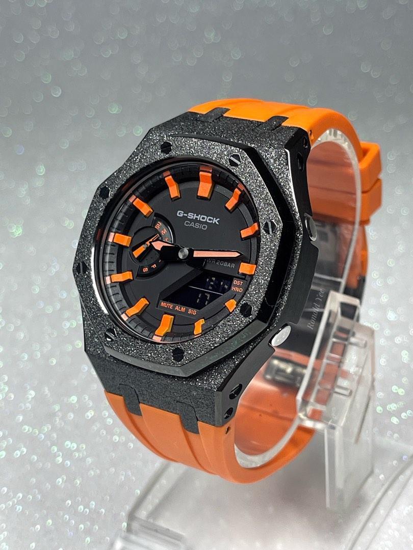 Casioak Casio G Shock Ga 2100 1a4 In Frosted Black Stainless Steel Bezel And Customised Neon