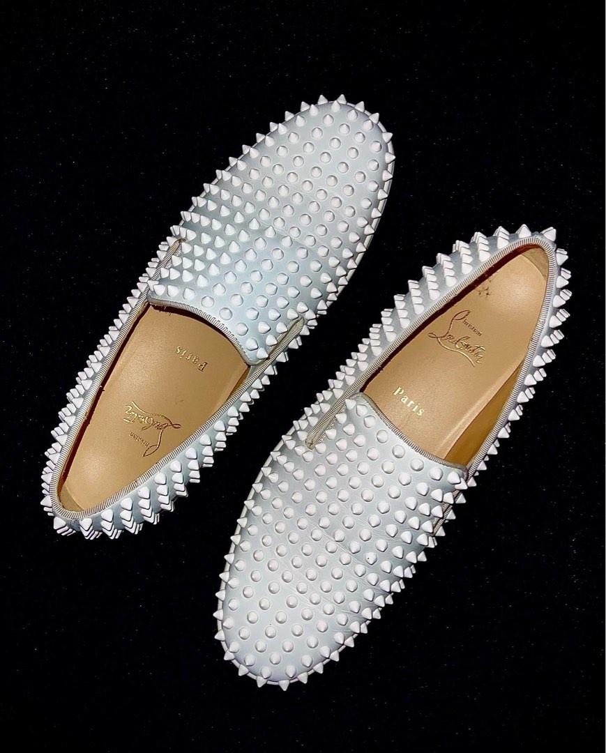 Christian Louboutin White Leather Roller Boat Spiked Slip On