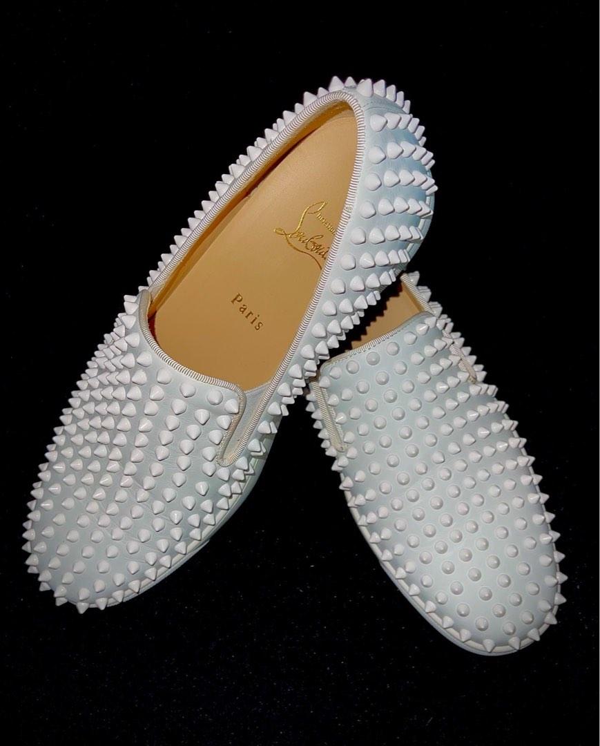Christian Louboutin White Leather Roller Boat Spiked Slip On