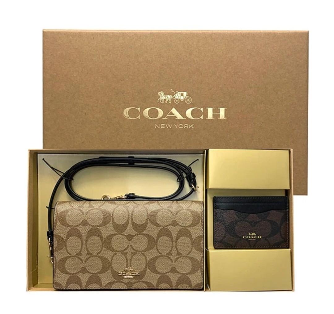 Coach Boxed Anna Foldover Clutch Crossbody and Card Case Khaki Brown