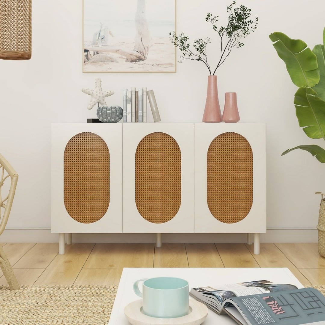 Kailua 3 Door Rattan Sideboard in White, Home & Furniture, Furniture on Carousell