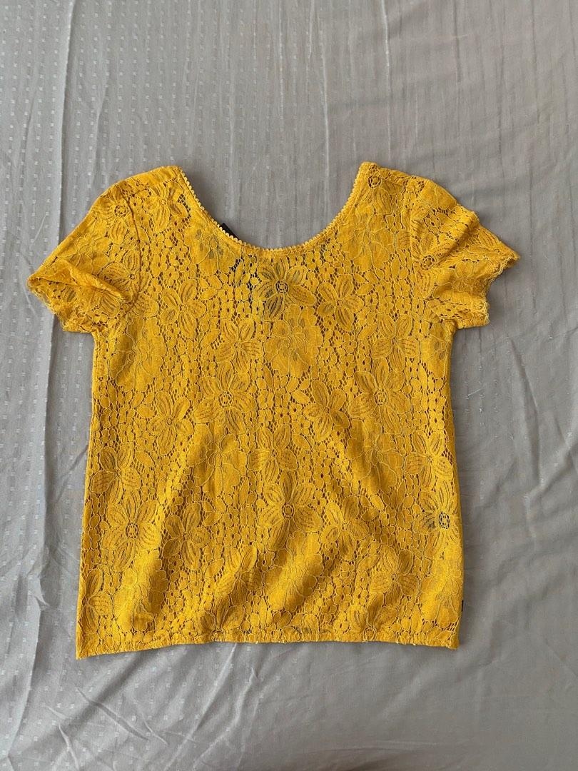 Kamiseta Yellow Lace Top (Category: Blouses) located in Pasig City. Submitted by shopc27 (Listing ID 1181613710, Image 1). Description: - size s - MOP gcash or bpi - can do shopee checkout, gogo express, or grab.