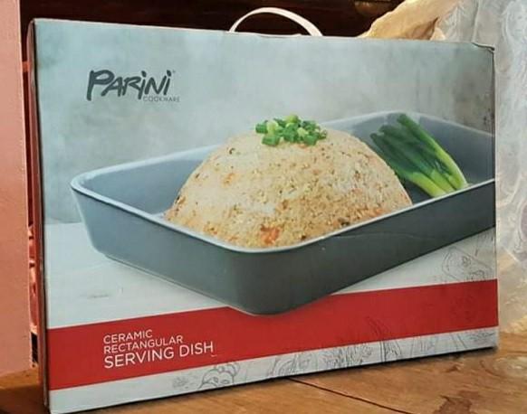 Parini serving dish (Category: Bakeware) located in Meycauayan. Submitted by wearmystique (Listing ID 1181593180, Image 1). Description: Parini ceramic large serving dish New in box rectangular color gray/glossy ceramic lenght 16" width 10" height 2 1/2".