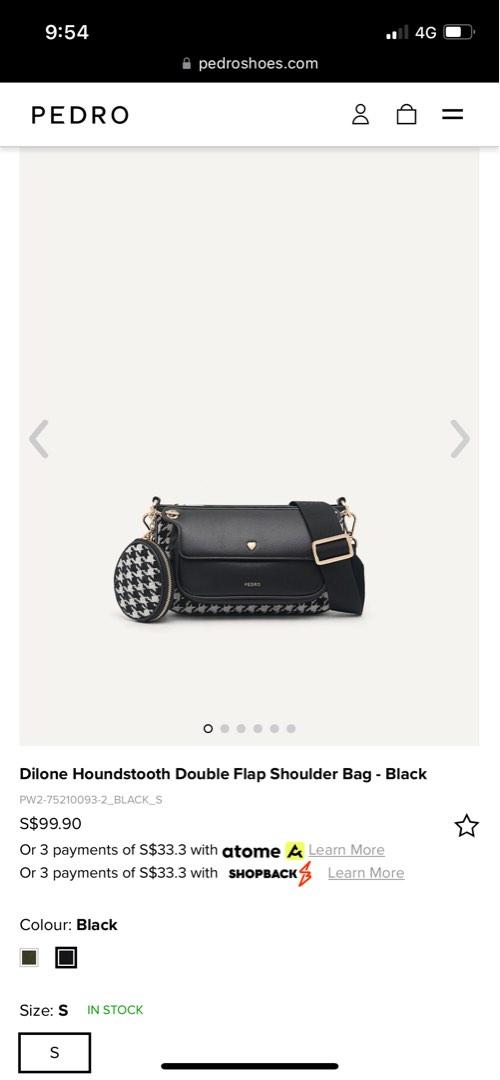 Dilone Houndstooth Double Flap Shoulder Bag - Black