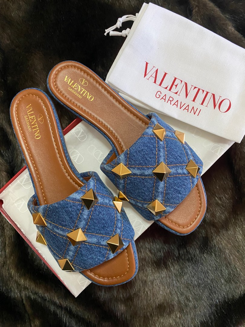 Valentino Roman Stud Denim Slides, Luxury, Sneakers & Footwear on Carousell