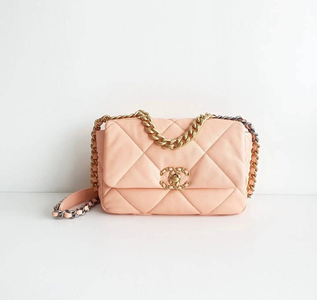 Chanel 19 small 26cm Peach Lamb Gold Hardware Metal plate