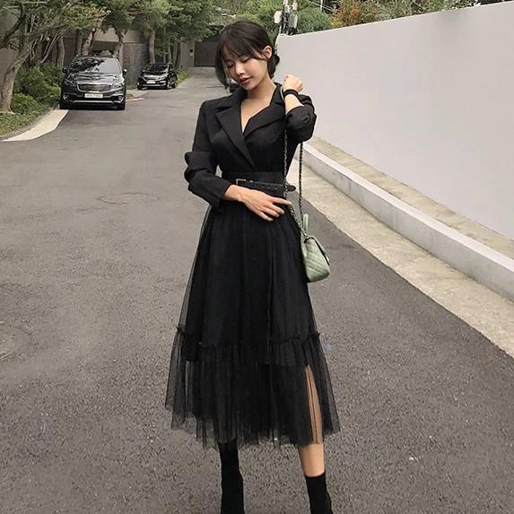 formal grunge goth Tulle Solid Black Maxi Blazer Dress Women s Fashion Dresses Sets Dresses on Carousell