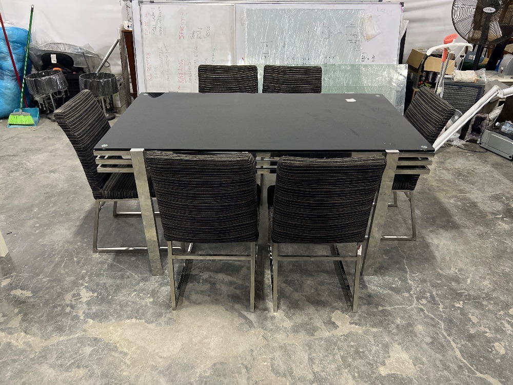 Glass Top Metal Frame Dining Table with 6 Chairs Set / Meja Makan