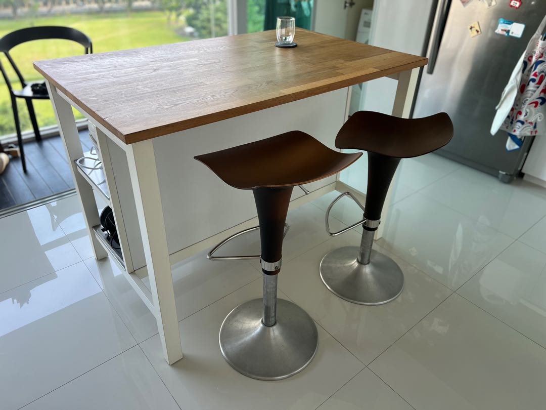 IKEA White Wooden Kitchen Island with Bar Stools, Furniture & Home Living, Furniture, Tables