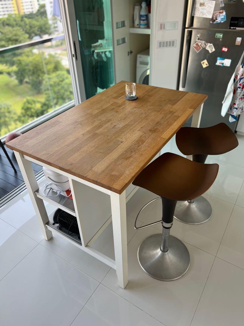 IKEA White Wooden Kitchen Island with Bar Stools, Furniture & Home Living, Furniture, Tables