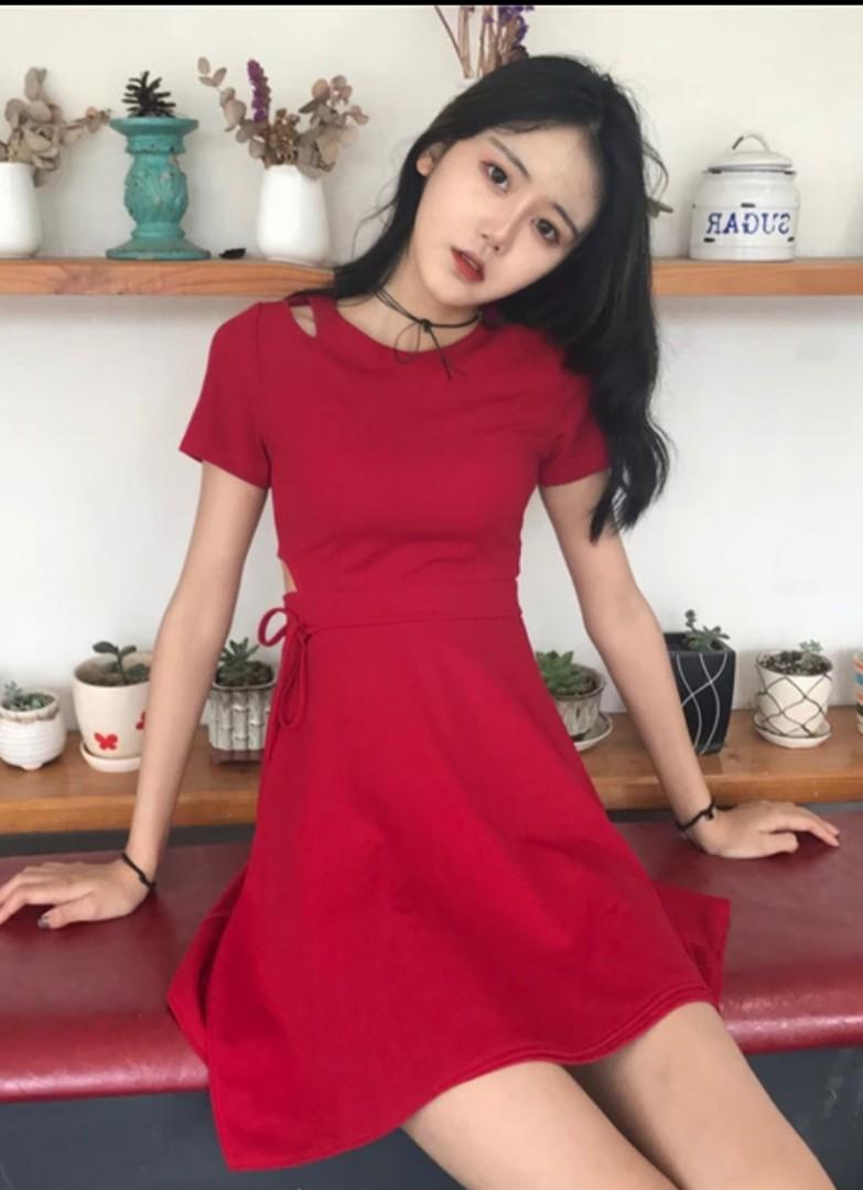 KOREAN CUT RED DRESS, Women's Fashion, Dresses & Sets, Dresses on Carousell