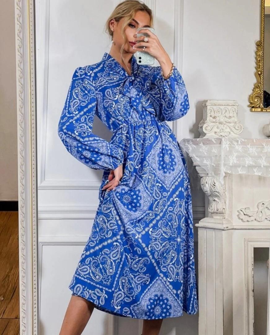 Paisley print tie neck lantern sleeve dress Women s Fashion