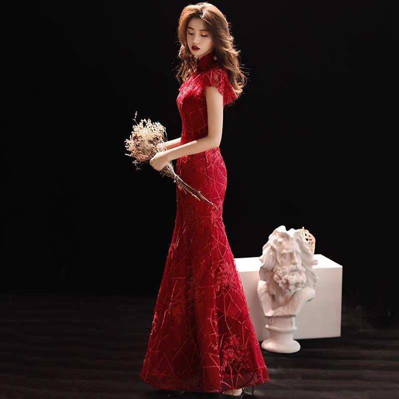 Red Chinese Mandarin Collar Mermaid Gown Cheongsam