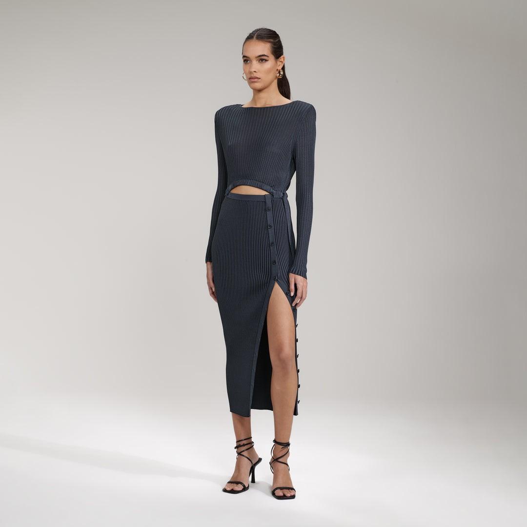 self-portrait viscose ribbed knit midi dress self-portrait Viscose Rib Knit Midi Dress in Brown