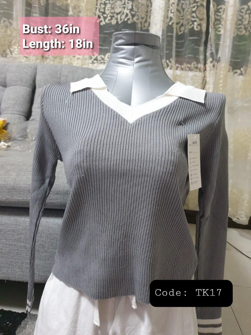 Top knitted - gray longsleeves with white collar (Category: Blouses) located in Quezon City. Submitted by jjojlim (Listing ID 1176344429, Image 1). Description: 1 stock only freesize brandnew Location: QC Payment: GCash or BPI or thru shopee Shipping c/o buyer: Lalamove/Grab/similar, JnT or thru shopee.
