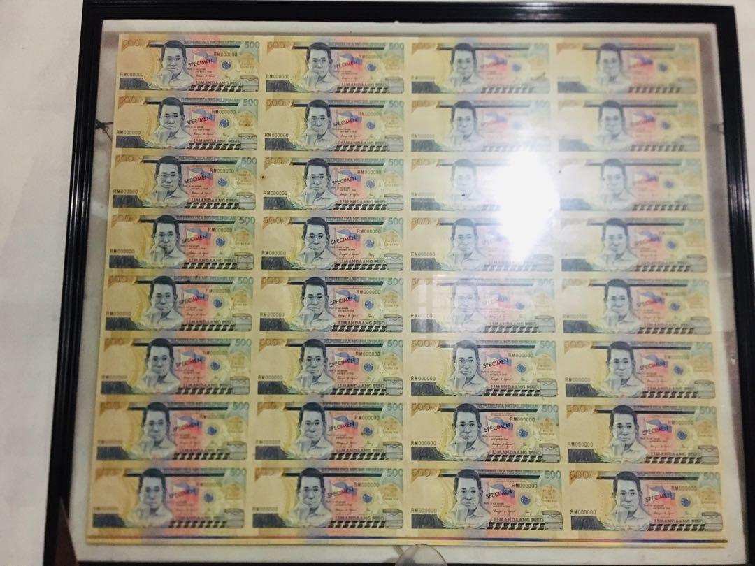 500 Peso Bill Specimen Framed Display Decoration (Category: Currency) located in San Juan City. Submitted by marcosabubotatbp (Listing ID 1181905570, Image 2). Description: Original 500 peso bills with specimen stamped from the Bangko Sentral ng Pilipinas .