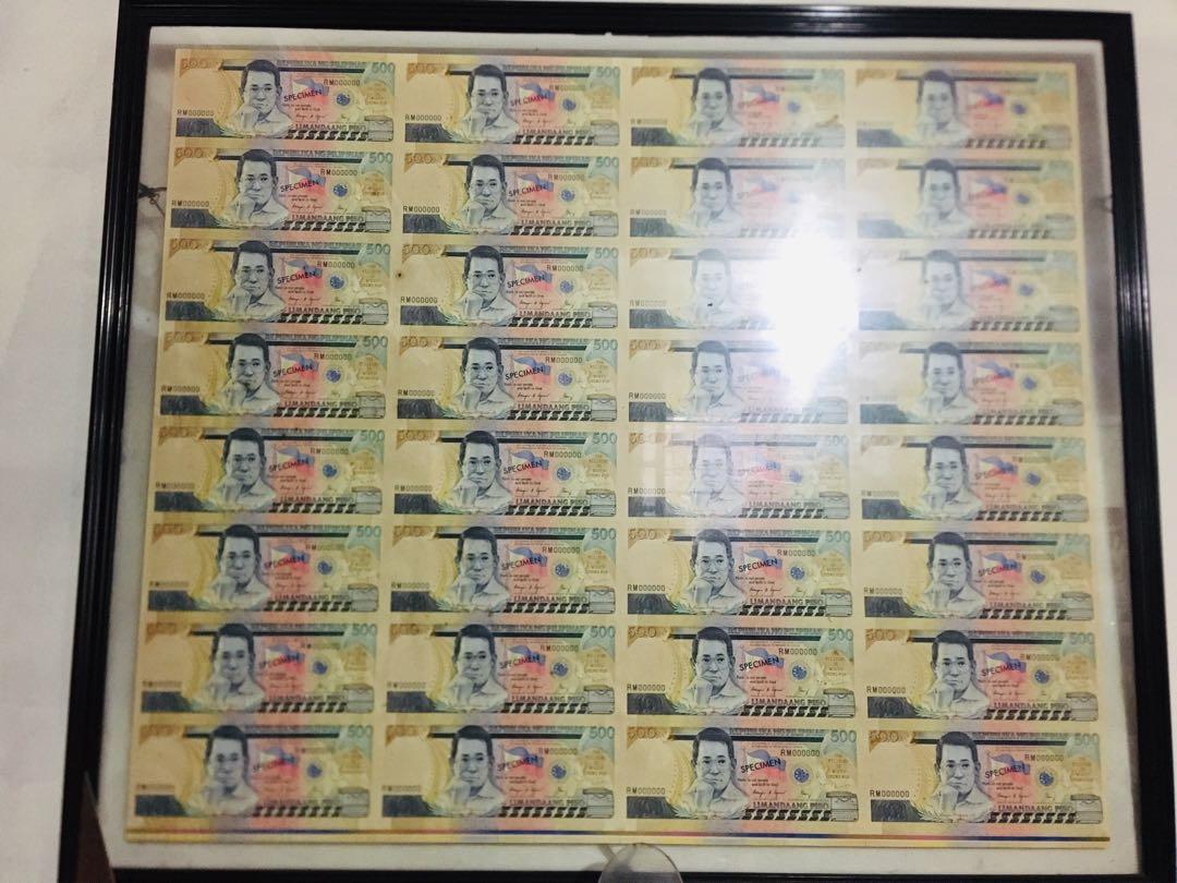500 Peso Bill Specimen Framed Display Decoration (Category: Currency) located in San Juan City. Submitted by marcosabubotatbp (Listing ID 1181905570, Image 1). Description: Original 500 peso bills with specimen stamped from the Bangko Sentral ng Pilipinas .
