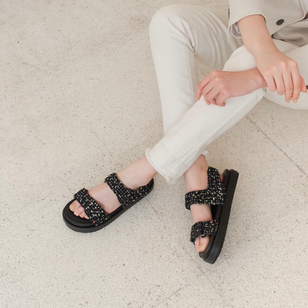 Black Tweed Strap Sandals (Hue Manila Rori), Women's Fashion, Footwear ...