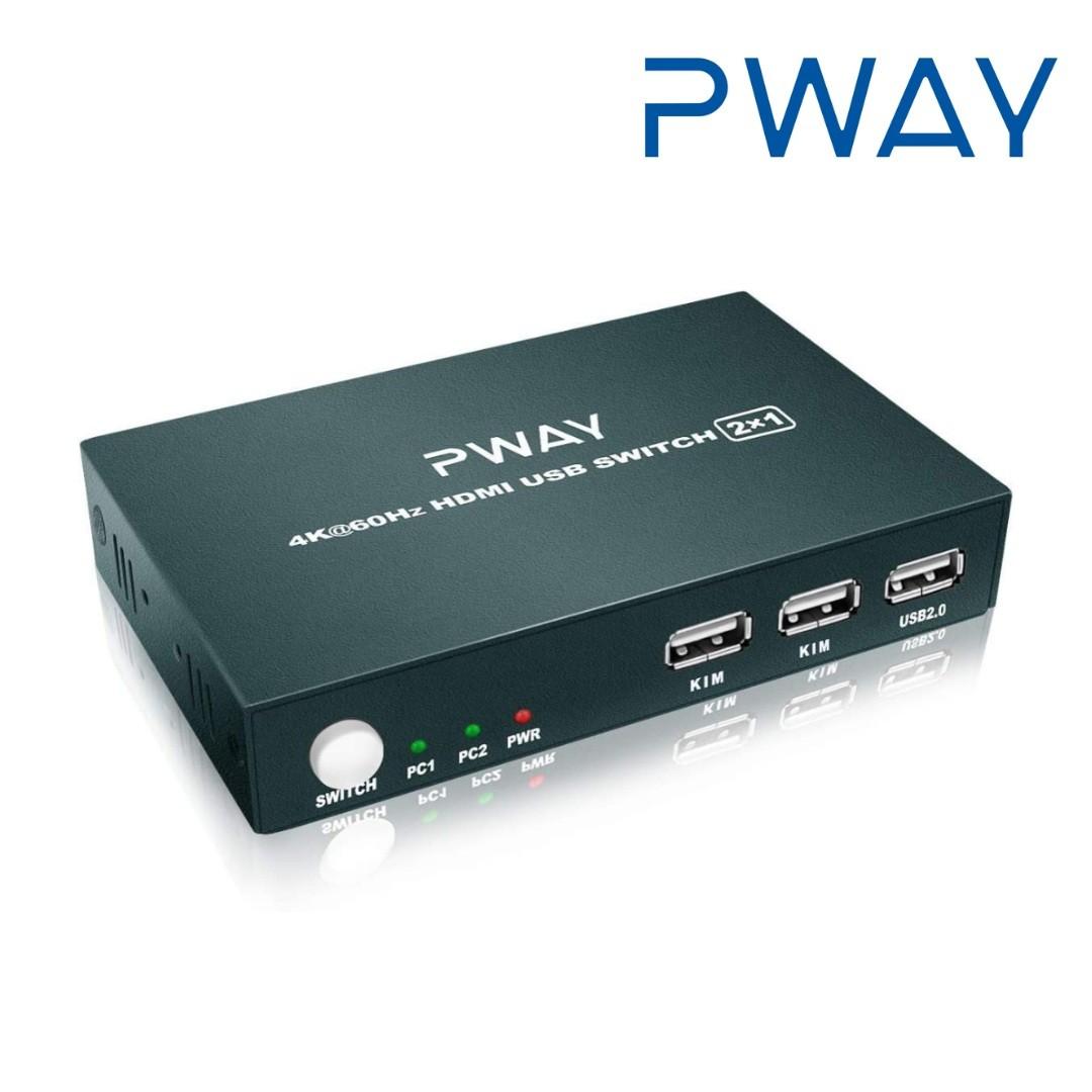 BNIB PWAY HDMI KVM Switch 2 Port, Ultra HD 4K60Hz, USB 2.0 Hub, Switch
