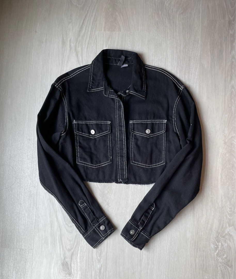 H and M black cropped denim patchwork jacket ulzzang, Women's Fashion