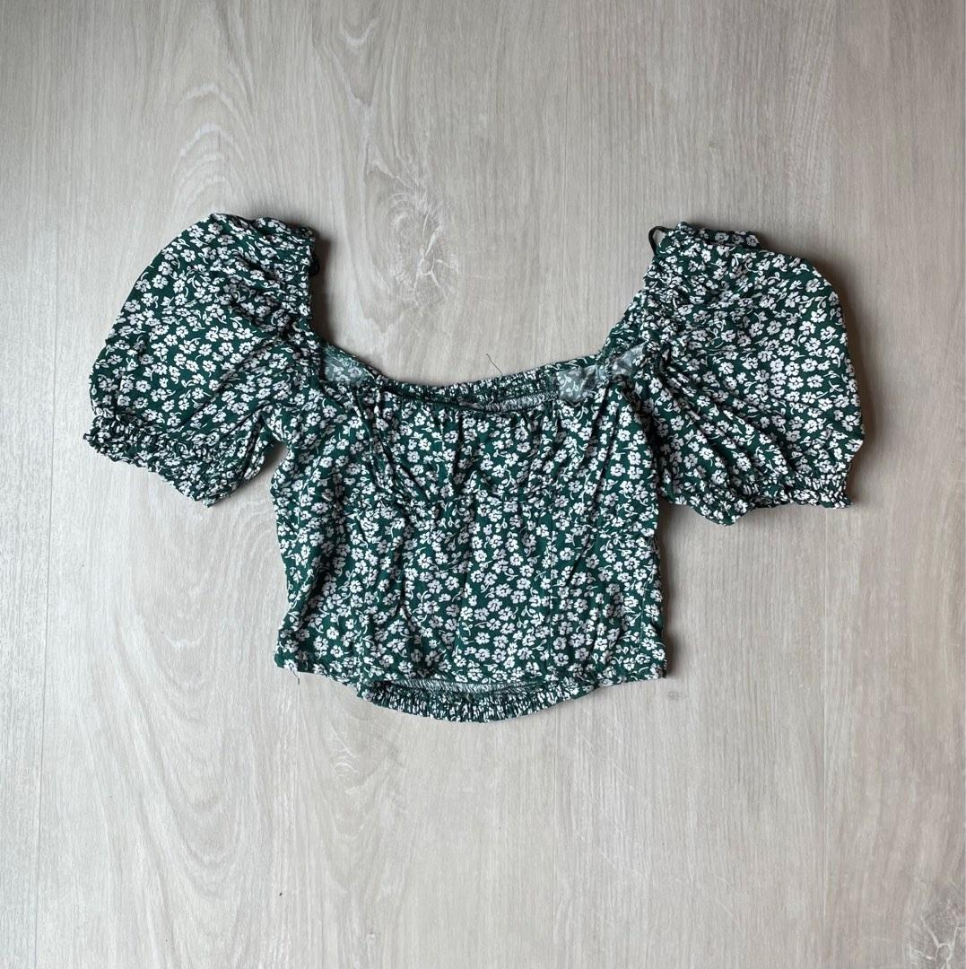 H and M green floral print picnic summer off the shoulder runched