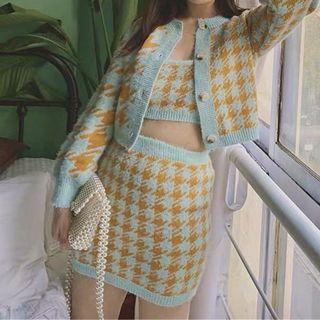 Houndstooth 3pc. Coord Set (Cardigan, Top & Skirt)
