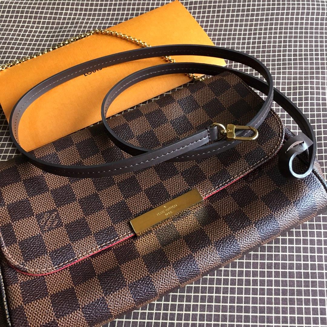 Authentic Louis Vuitton Favorite MM Damier Ebene (Category: Luxury Bags & Wallets) located in Quezon City. Submitted by thingsforless (Listing ID 1181785377, Image 2). Description: AUTHENTIC Louis Vuitton Favorite MM in Damier Ebene ❤️HARD TO FIND. Discontinued Designer Piece ❤️Made in France (Year 2018) ❤️Still in very good condition. Rank A -SA ❤️No major flaws to mention just minimal signs of usage. Minimal hairlines on LV plate. ❤️Damier Eben