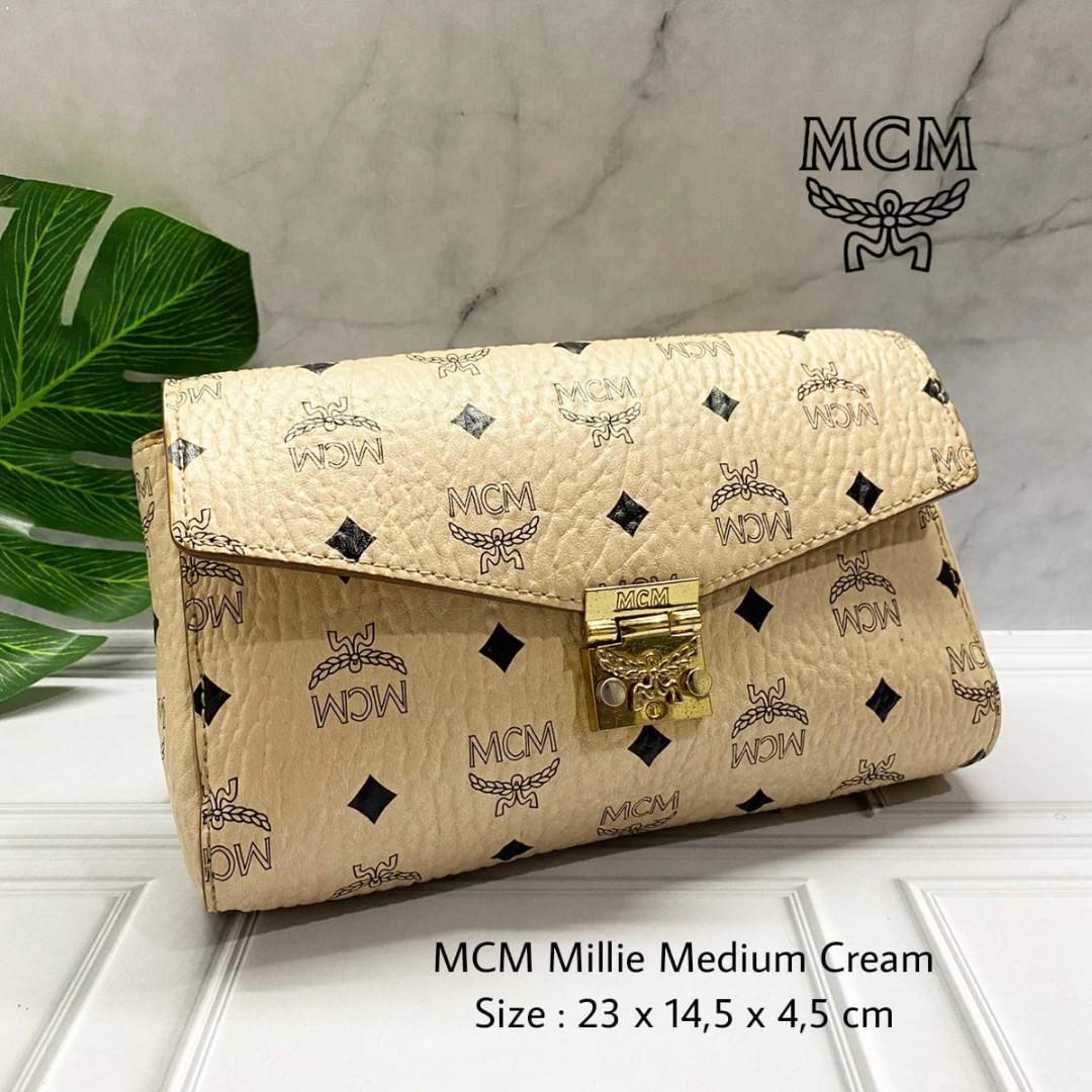 MCM Millie Top Zip Shoulder Bag Visetos Medium Cognac