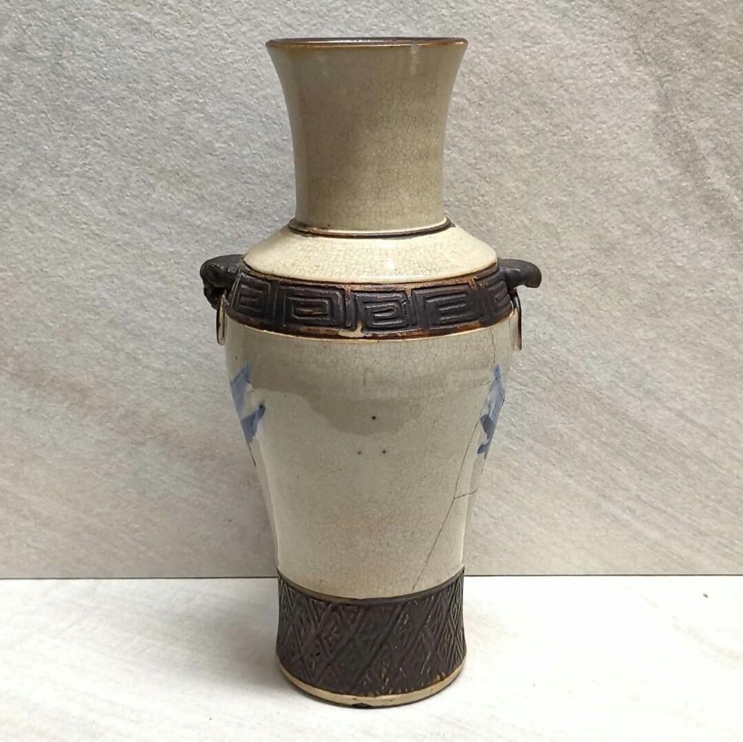 中国　清時代　哥釉青華花鳥紋大瓶　高さ45cm アンティーク　送料込み0604 域鉴古玩】清中期精品青花哥釉地铁锈釉花鸟纹梅耳撇口瓶拍卖价格