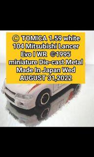 ©️ TOMICA miniature Die-cast Metal Made In Japan 1.59 white 104 MITSUBISHI Lancer Evo I WR ©1995 MIB Working Features Vintage Wed AUGUST 31,2022