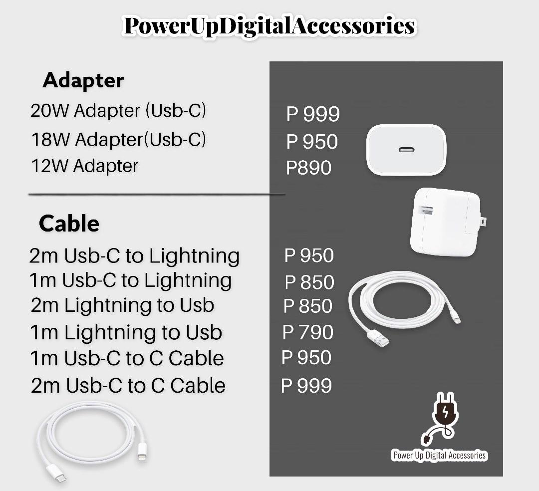 Apple Original✔️iPhone Charger Type C Cable USB C Cord 1m Cable (Category: Chargers & Cables) located in Quezon City. Submitted by camille96 (Listing ID 1182033036, Image 2). Description: Original Apple Guaranteed ☑️ PRICE LIST Adapter •20 watts adapter-999php •18 watts adapter- 950php •12 watts adapter- 850php Cable •Usb-C to Lightning(Type C Cable)- 850php •1m cable Lightning to Usb- 790php •2m cable Lightning to Usb- 850php •Usb-C to C Cable(1