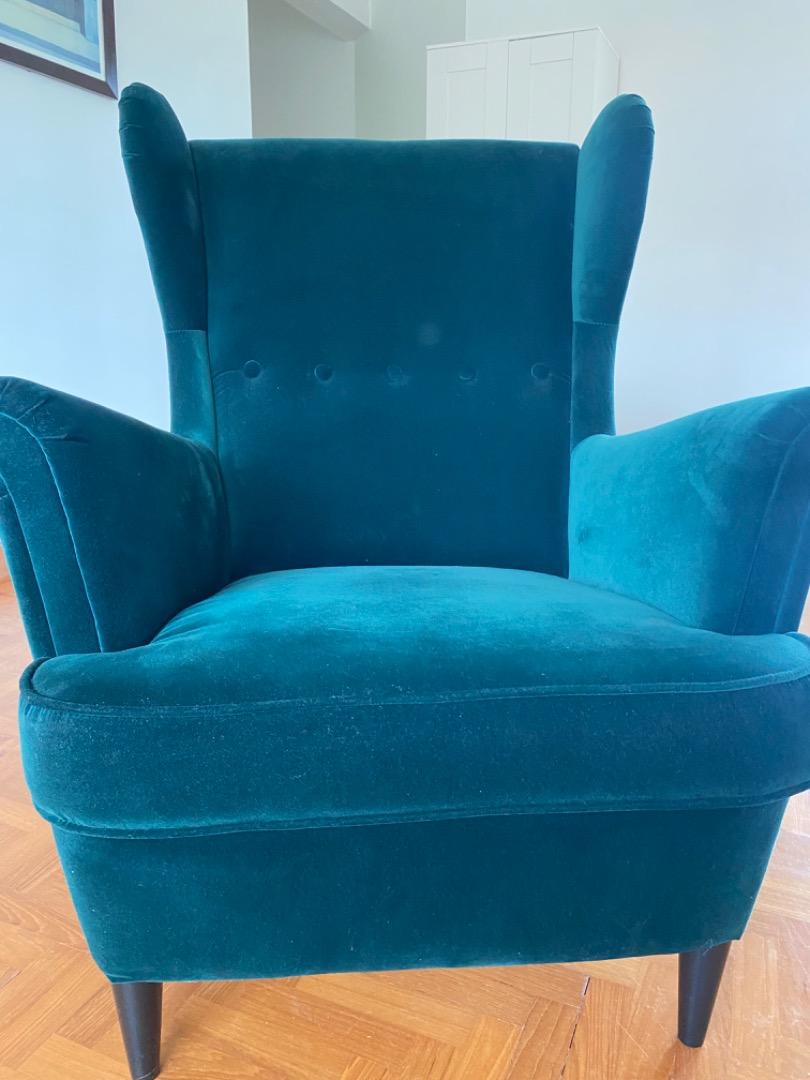 Armchair IKEA model STRANDMON in velvet green, Furniture & Home Living