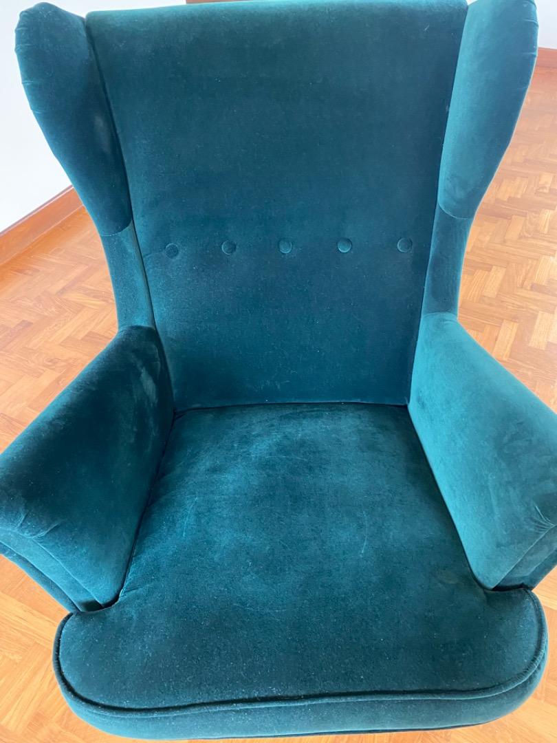 Armchair IKEA model STRANDMON in velvet green, Furniture & Home Living