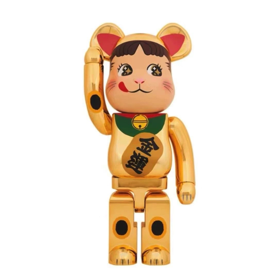 不二家牛奶妹招財BE@RBRICK 招き猫ペコちゃん金運金メッキ1000％t